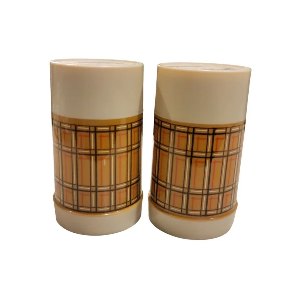 2 Vintage Aladdin Thermos Bottle Wide Mouth Pint WM4040 Plaid Gold/brown